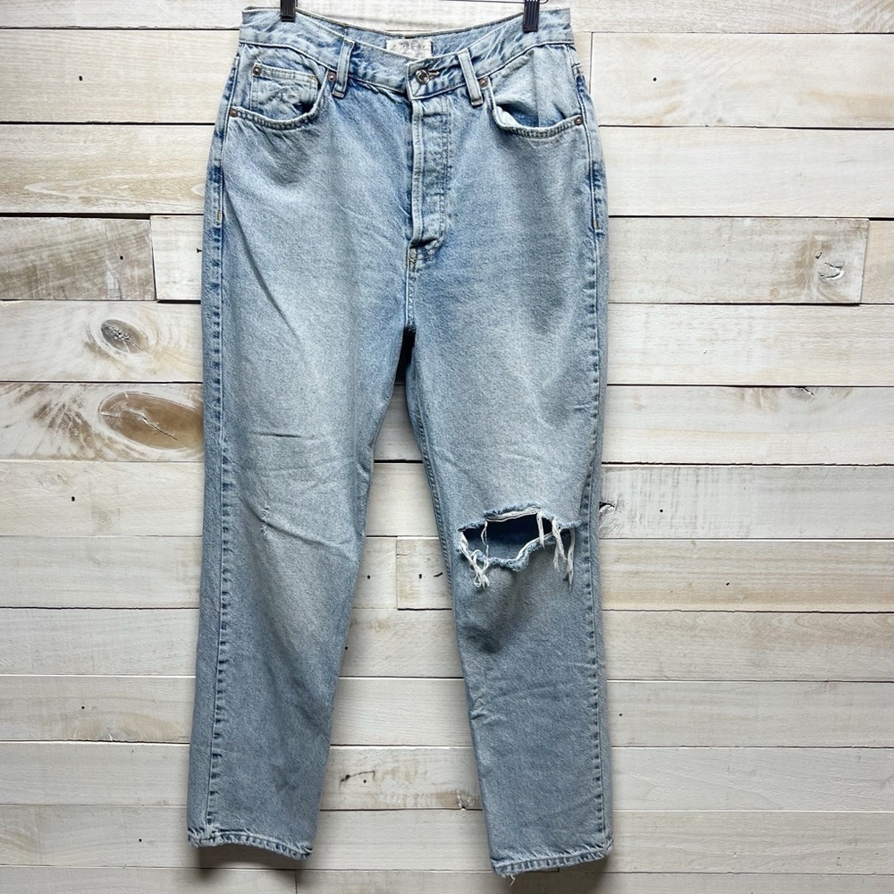 We The Free Jeans Womens 29 Blue Button Fly High Rise Straight‎ Leg Distressed